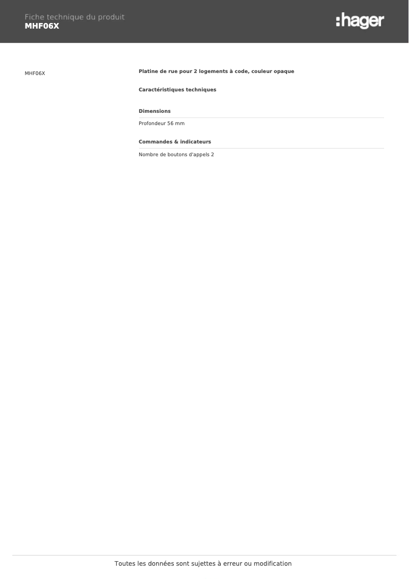 Page 1 de la notice Fiche technique Hager MHF06X