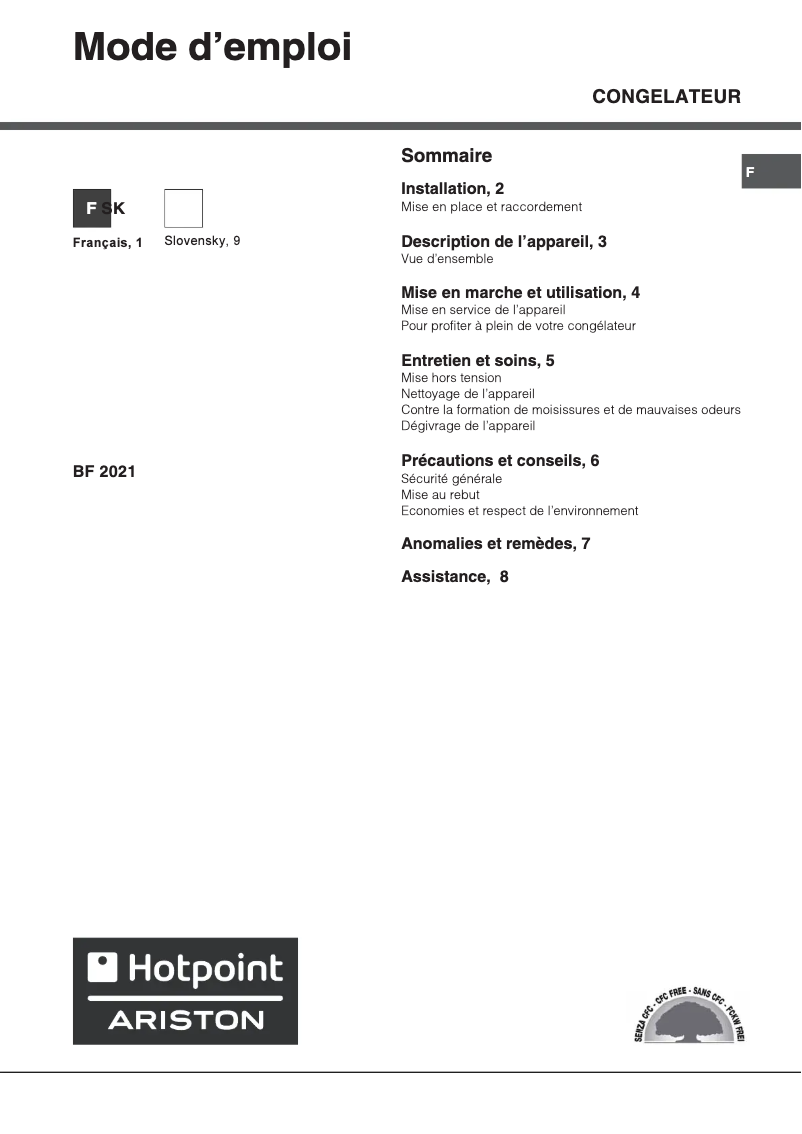 Page 1 de la notice Manuel utilisateur Hotpoint Ariston BF 2021