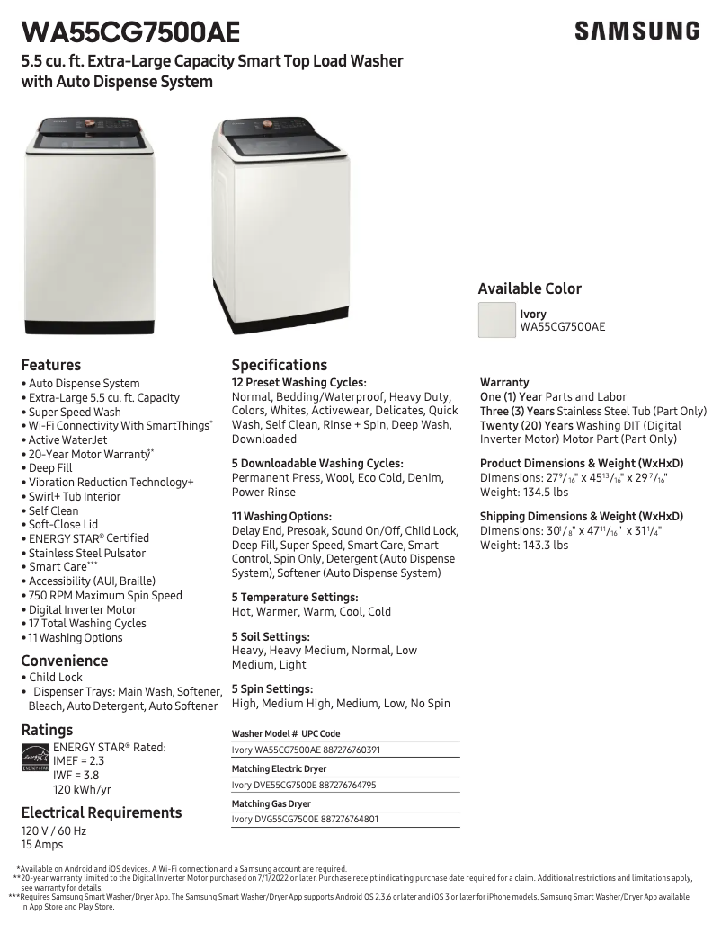 Page 1 de la notice Fiche technique Samsung WA55CG7500AE