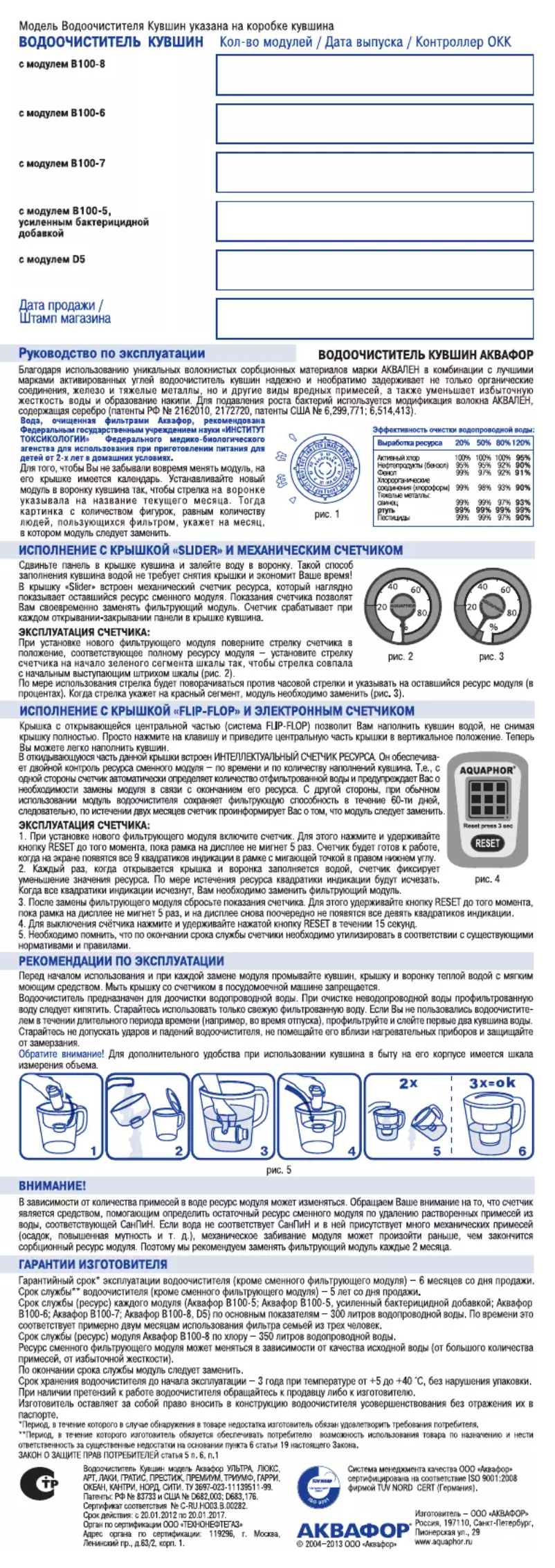 Page n°1 - Manuel utilisateur AQUAPHOR В100-5