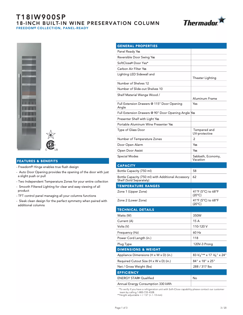 Page n°1 - Fiche technique Thermador T18IW900SP