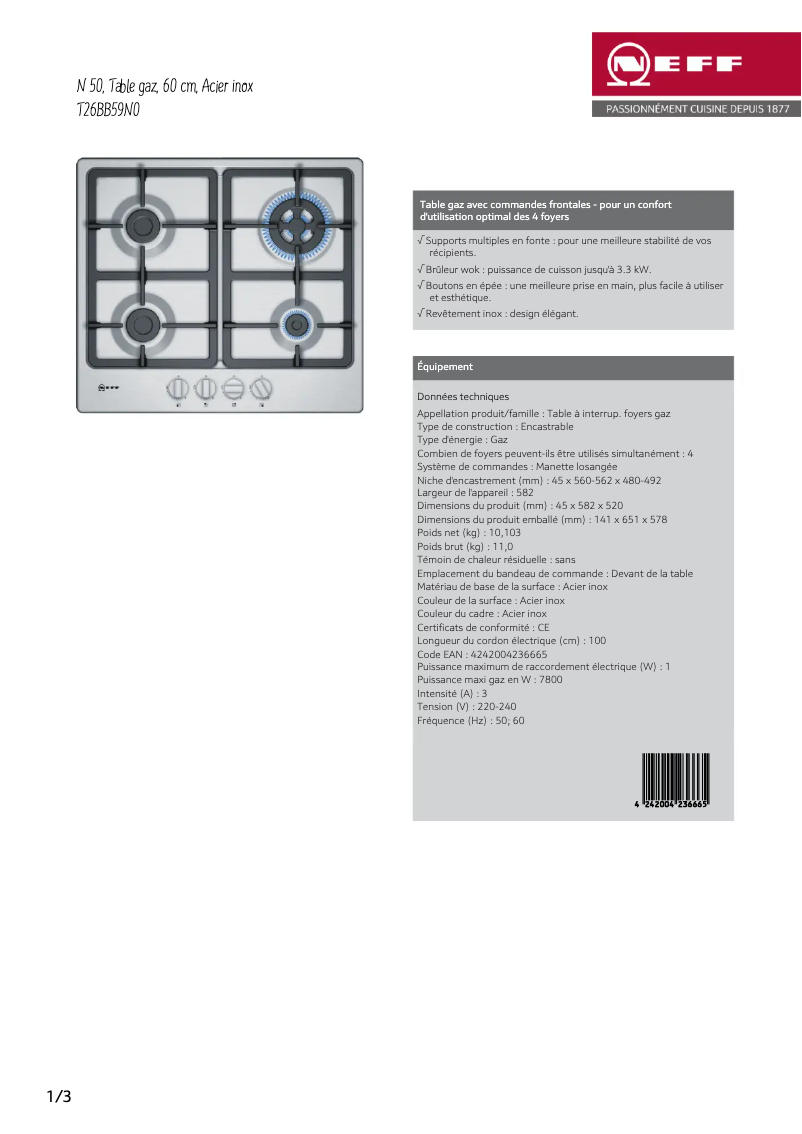 Page 1 de la notice Fiche technique Neff T26BB59N0