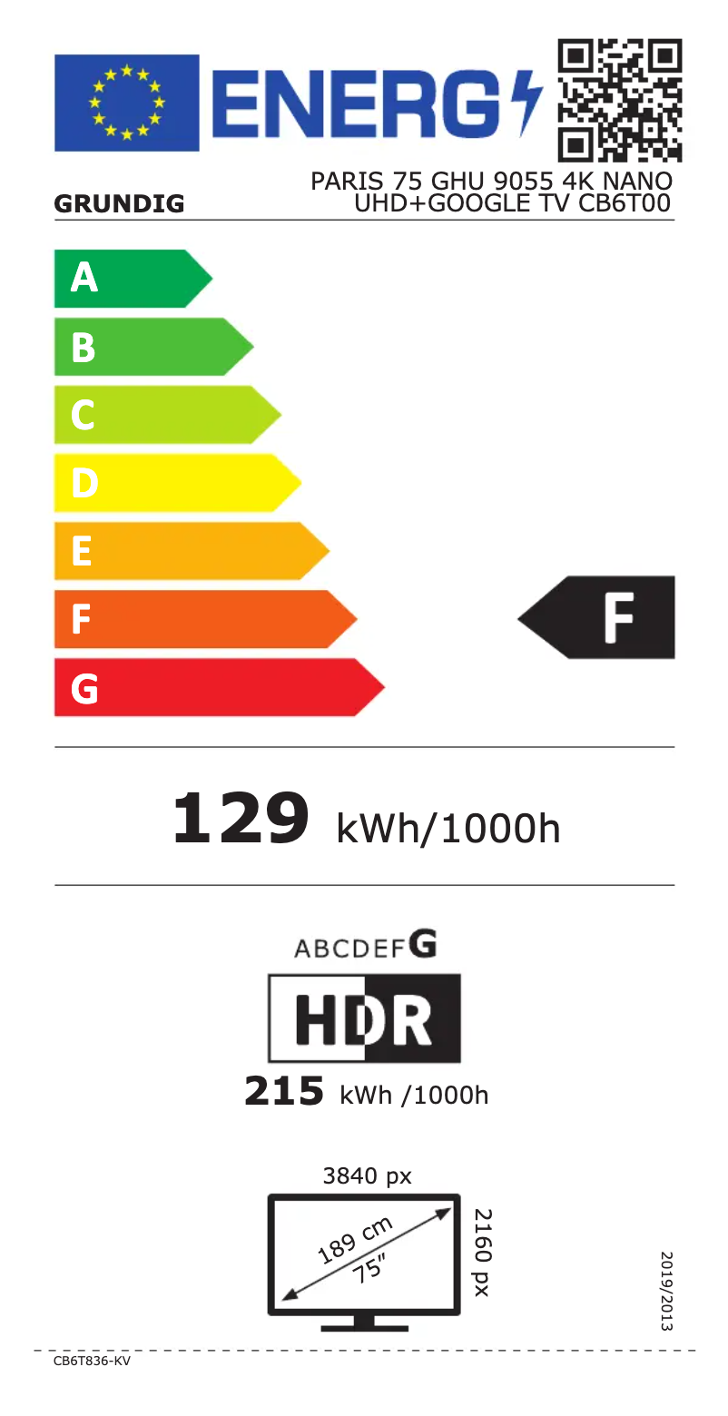 Page 1 de la notice Label énergétique Grundig PARIS 75 GHU 9055 4K NANO UHD+GOOGLE TV