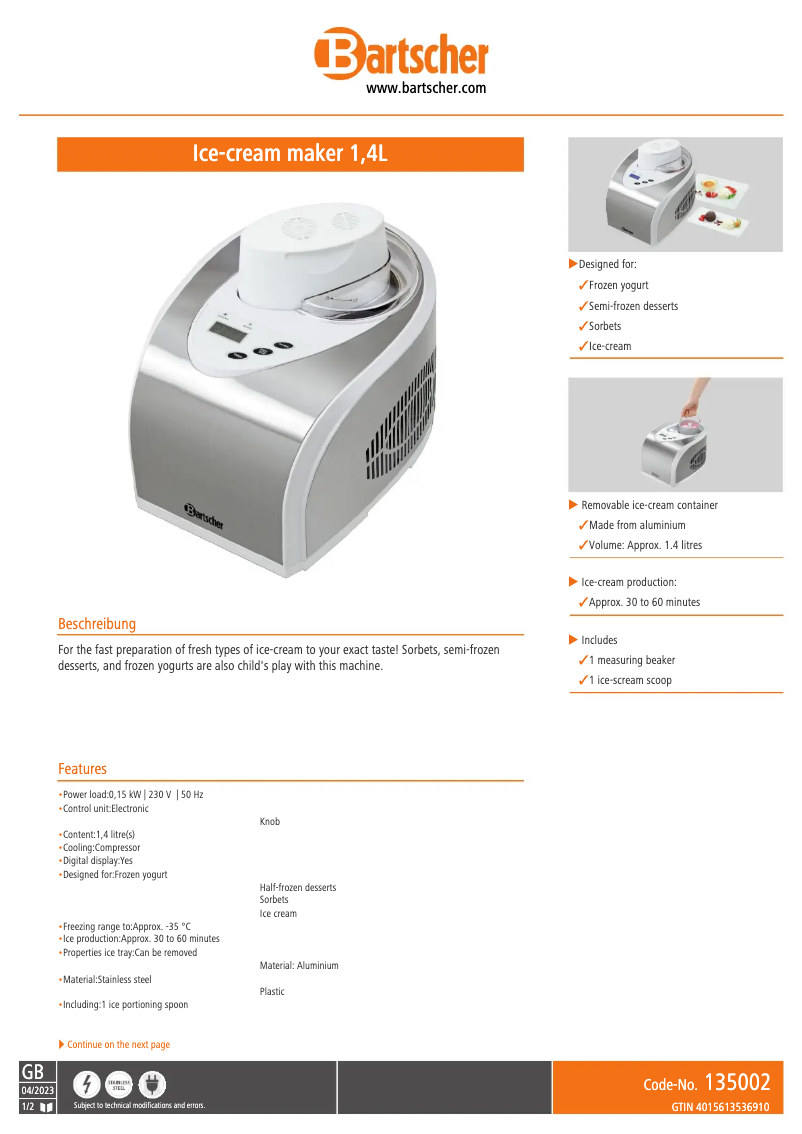 Page 1 de la notice Fiche technique Bartscher 135.002