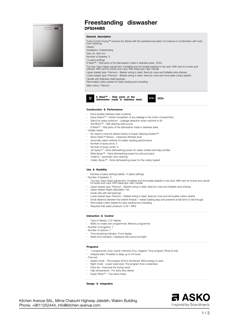 Page n°1 - Fiche technique Asko DFS244IBS