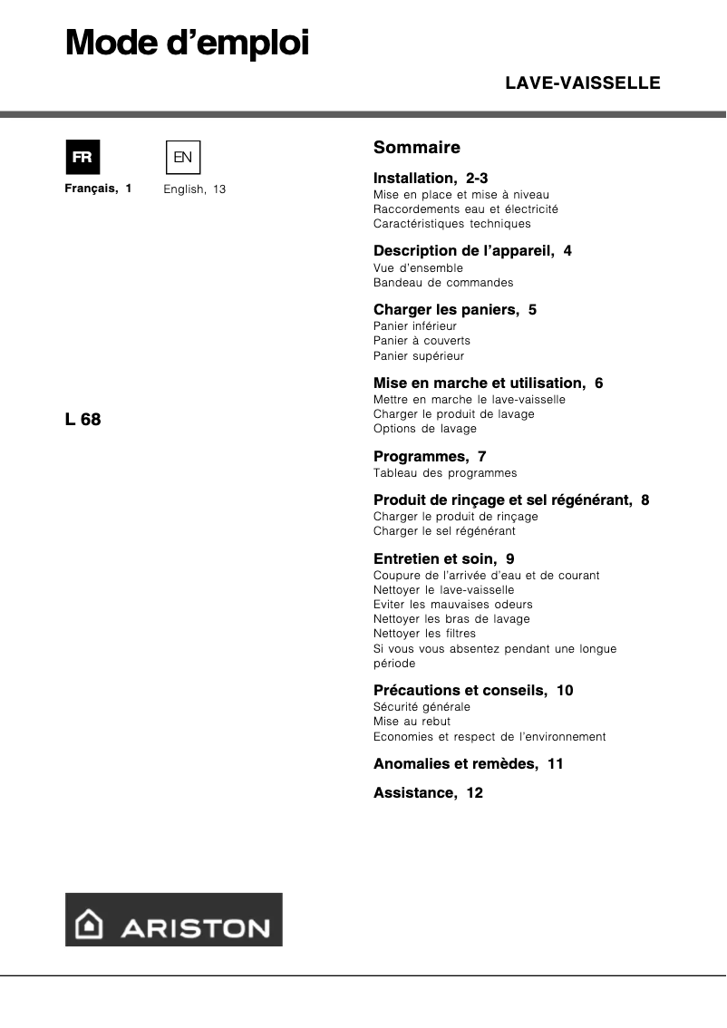 Page 1 de la notice Manuel utilisateur Hotpoint Ariston L 68 A FR