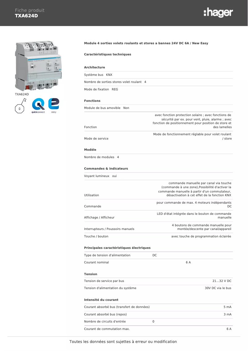 Page 1 de la notice Fiche technique Hager TXA624D