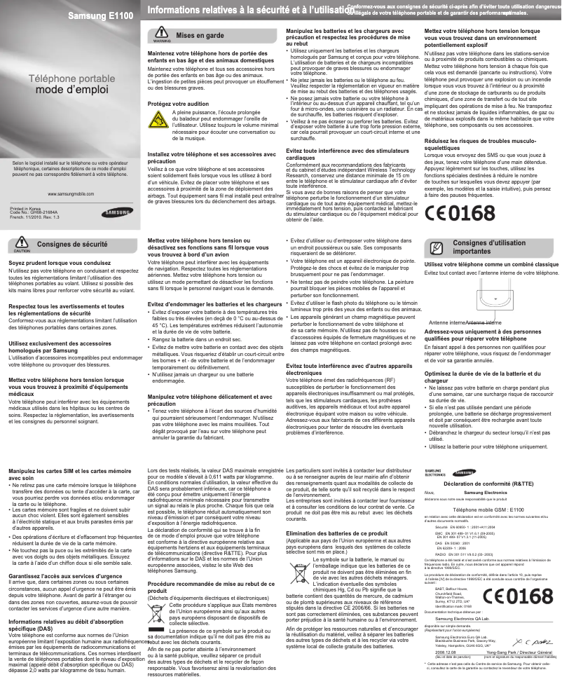 Page 1 de la notice Manuel utilisateur Samsung GT-E1100