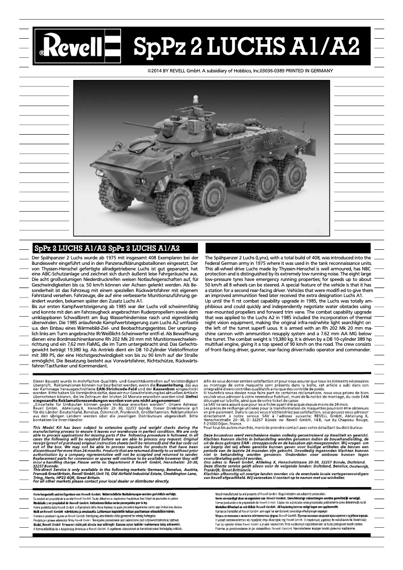 Page 1 de la notice Manuel utilisateur Revell SpPz 2 LUCHS A1/A2