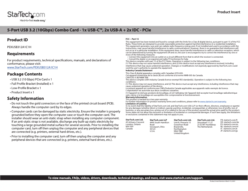 Page n°1 - Manuel utilisateur StarTech.com PEXUSB312A1C1H