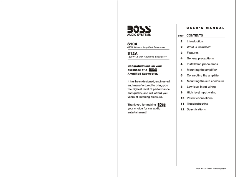 Page 1 de la notice Manuel utilisateur Boss S12A