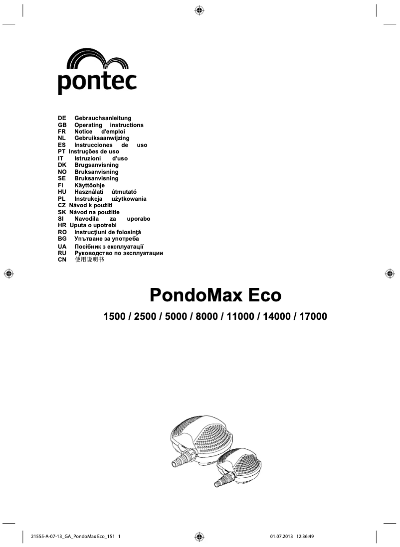 Page 1 de la notice Manuel utilisateur Pontec PondoMax Eco 11000