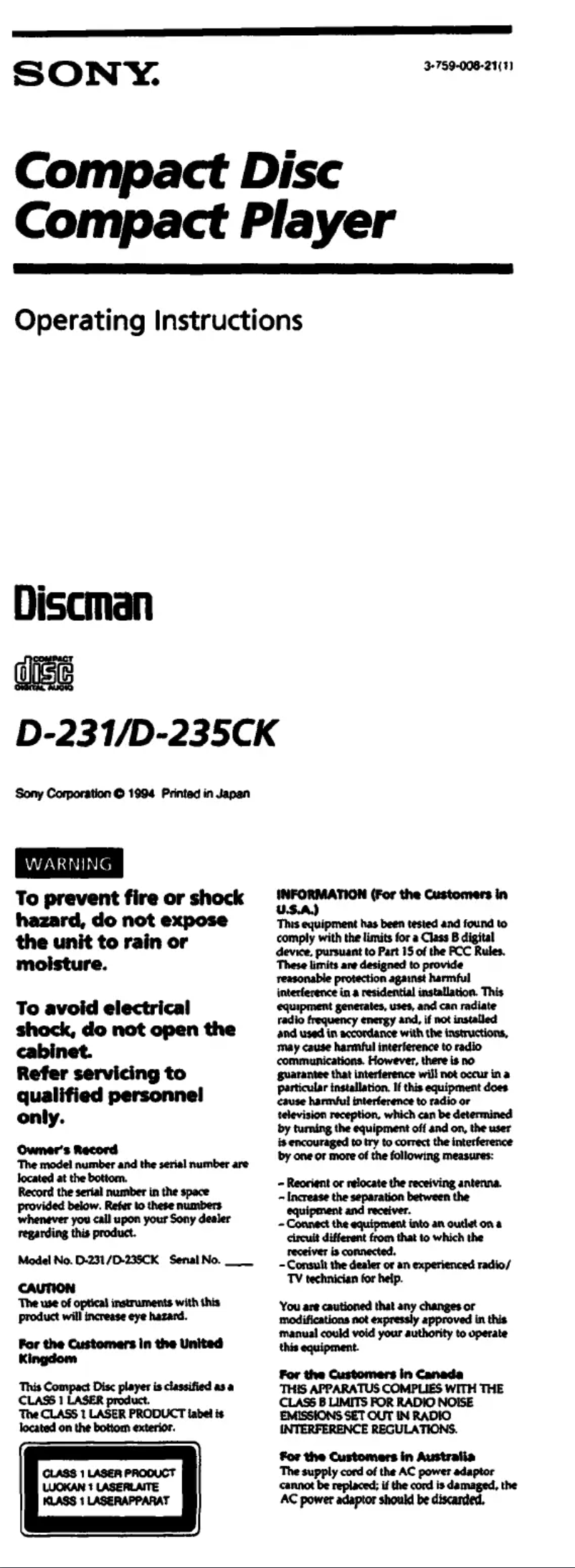 Image de la première page du manuel de l'appareil Discman D-235CK