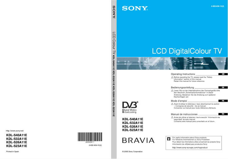 Page 1 de la notice Mode d'emploi Sony Bravia KDL-S26A11E