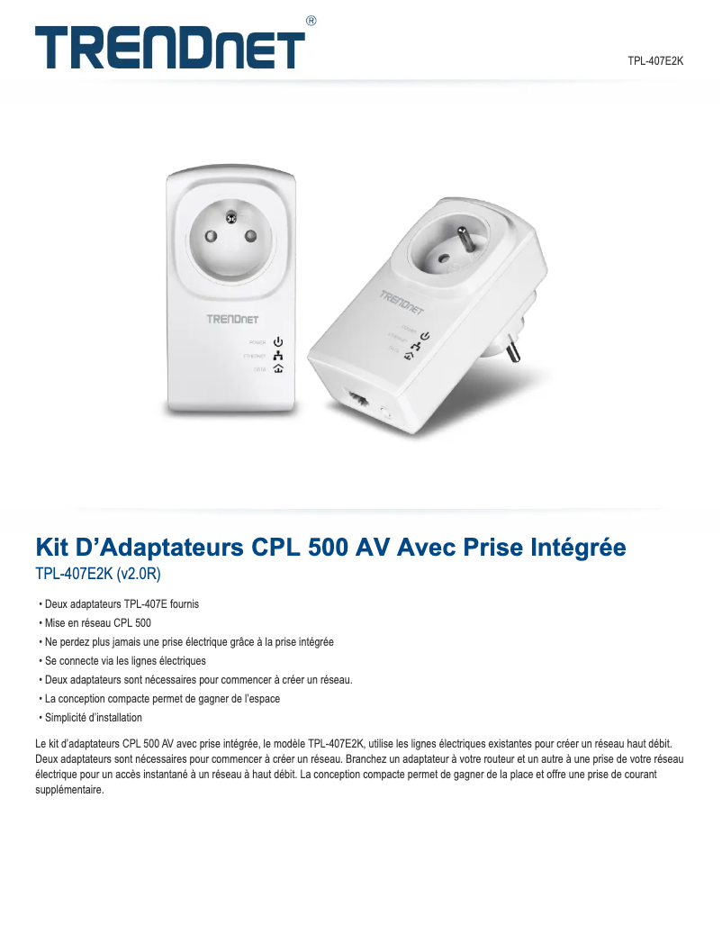 Page 1 de la notice Fiche technique TRENDnet TPL-407E2K