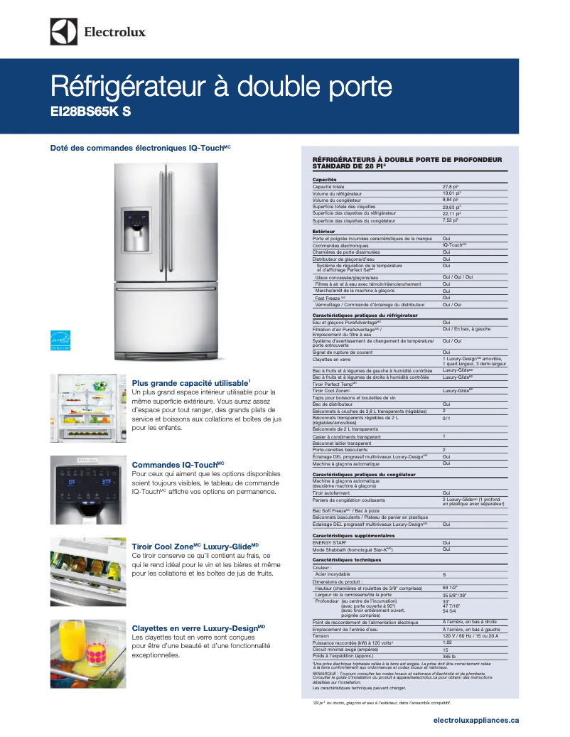 Page 1 de la notice Fiche technique Electrolux EI28BS65KS