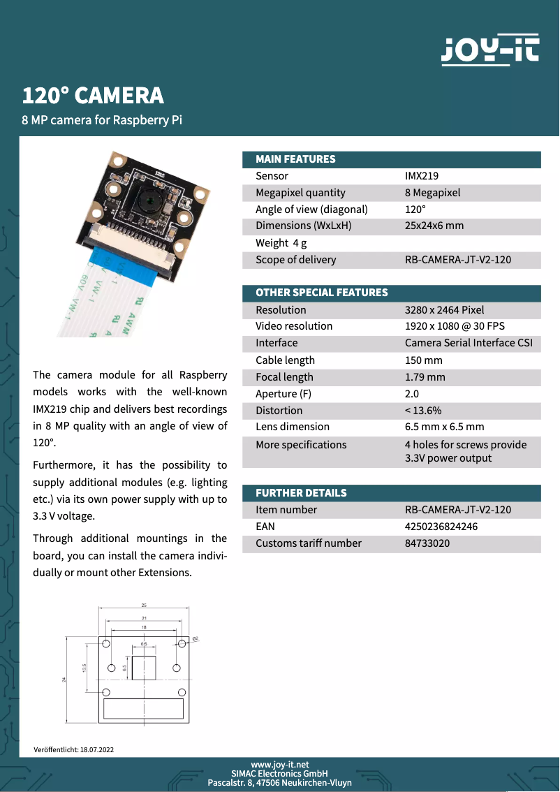 Page 1 de la notice Fiche technique Joy-It RB-CAMERA-JT-V2-120