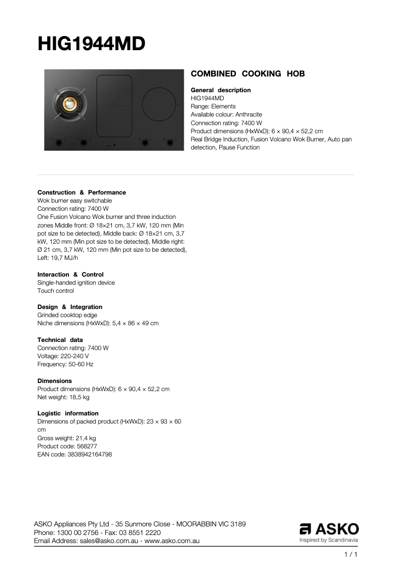 Page 1 de la notice Fiche technique Asko HIG1944MD