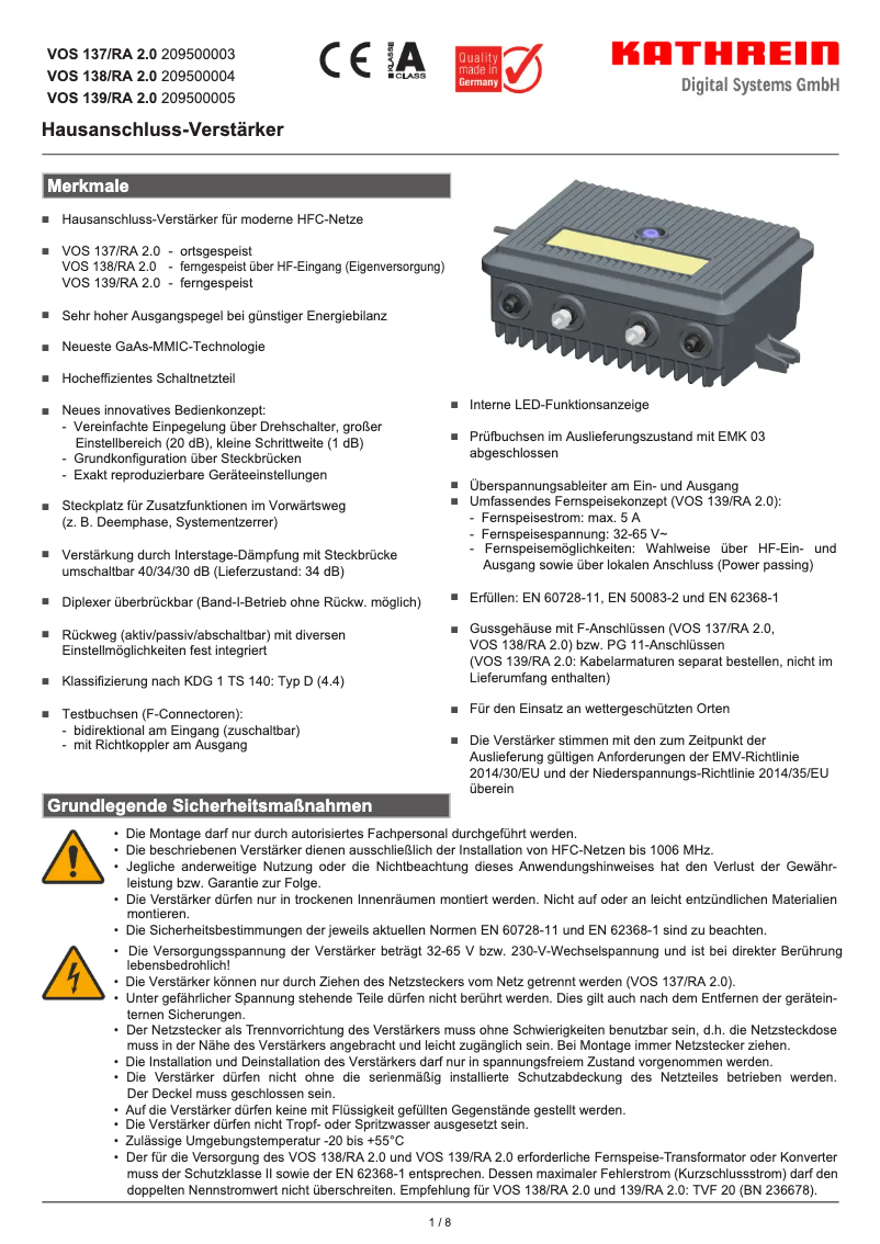 Page 1 de la notice Manuel utilisateur Kathrein VOS 138/RA 2.0
