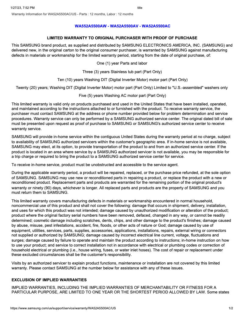 Page 1 de la notice Informations de garantie Samsung WA52A5500AC