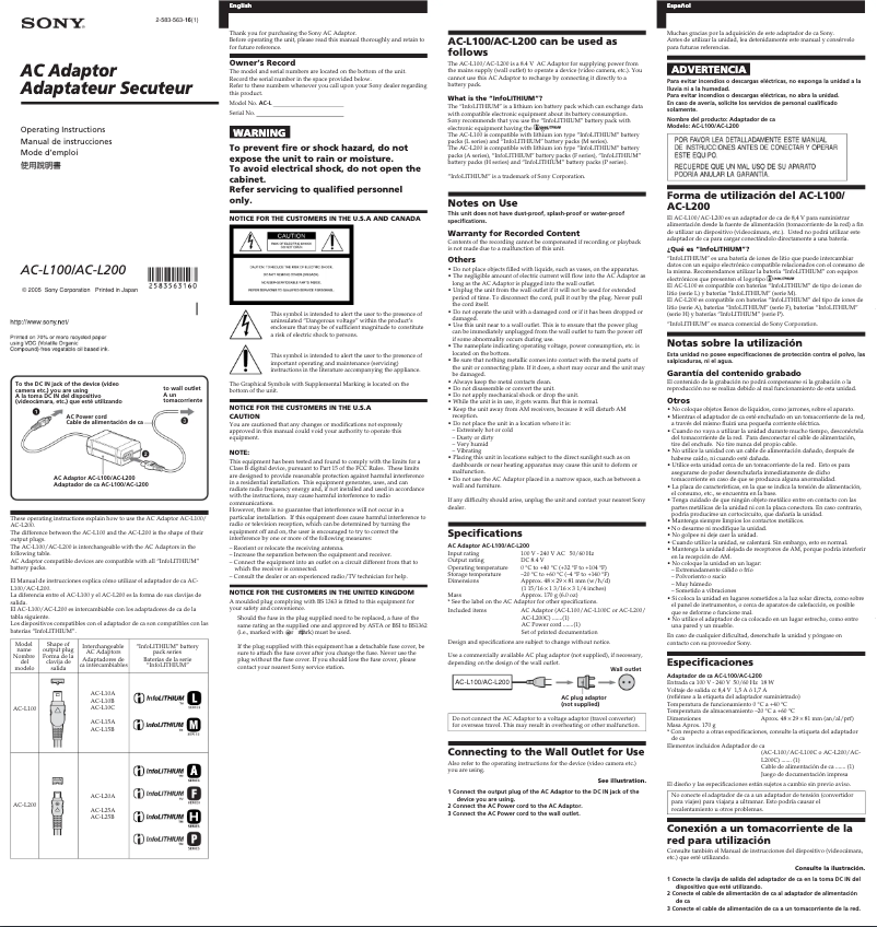 Page 1 de la notice Manuel utilisateur Sony AC-L100
