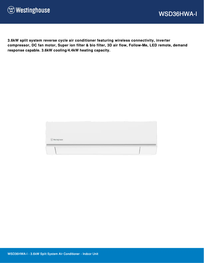 Page 1 de la notice Fiche technique Westinghouse WSD36HWA-I