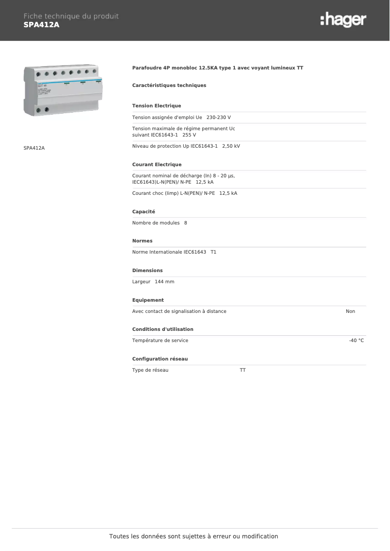 Image de la première page du manuel de l'appareil SPA412A