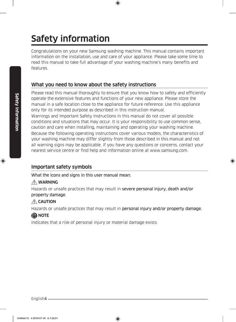 Page 1 de la notice Guide d'installation Samsung WW80K44305X