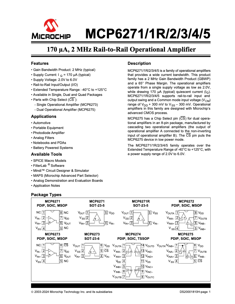 Page 1 de la notice Fiche technique Microchip MCP6273