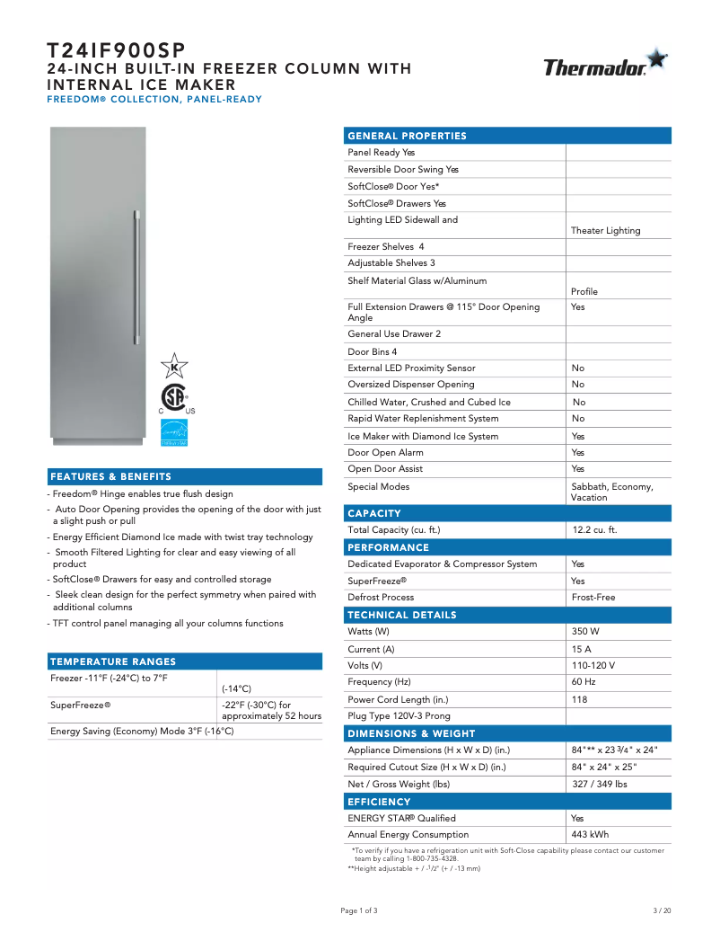 Page 1 de la notice Fiche technique Thermador T24IF900SP