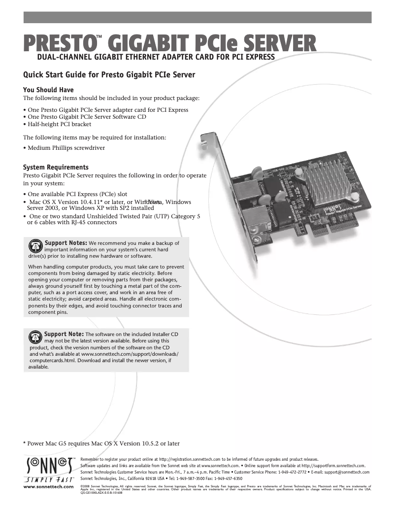 Page n°1 - Manuel utilisateur Sonnet Presto Gigabit Server PCIe
