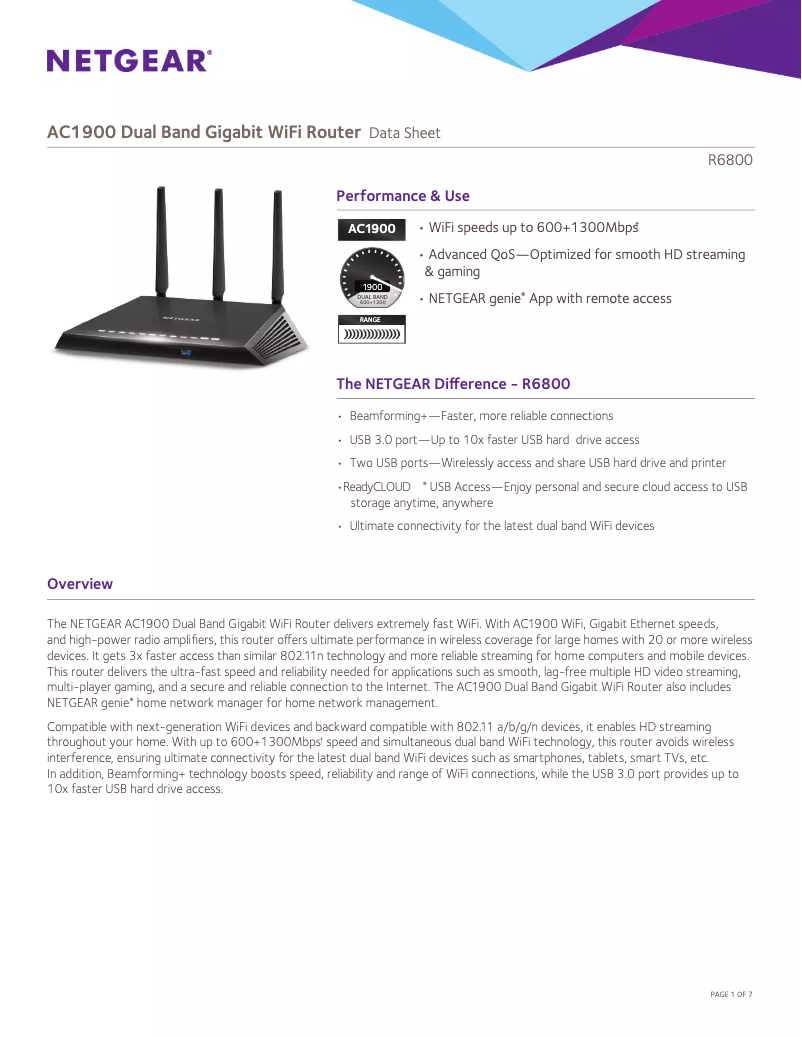 Page 1 de la notice Fiche technique Netgear R6800
