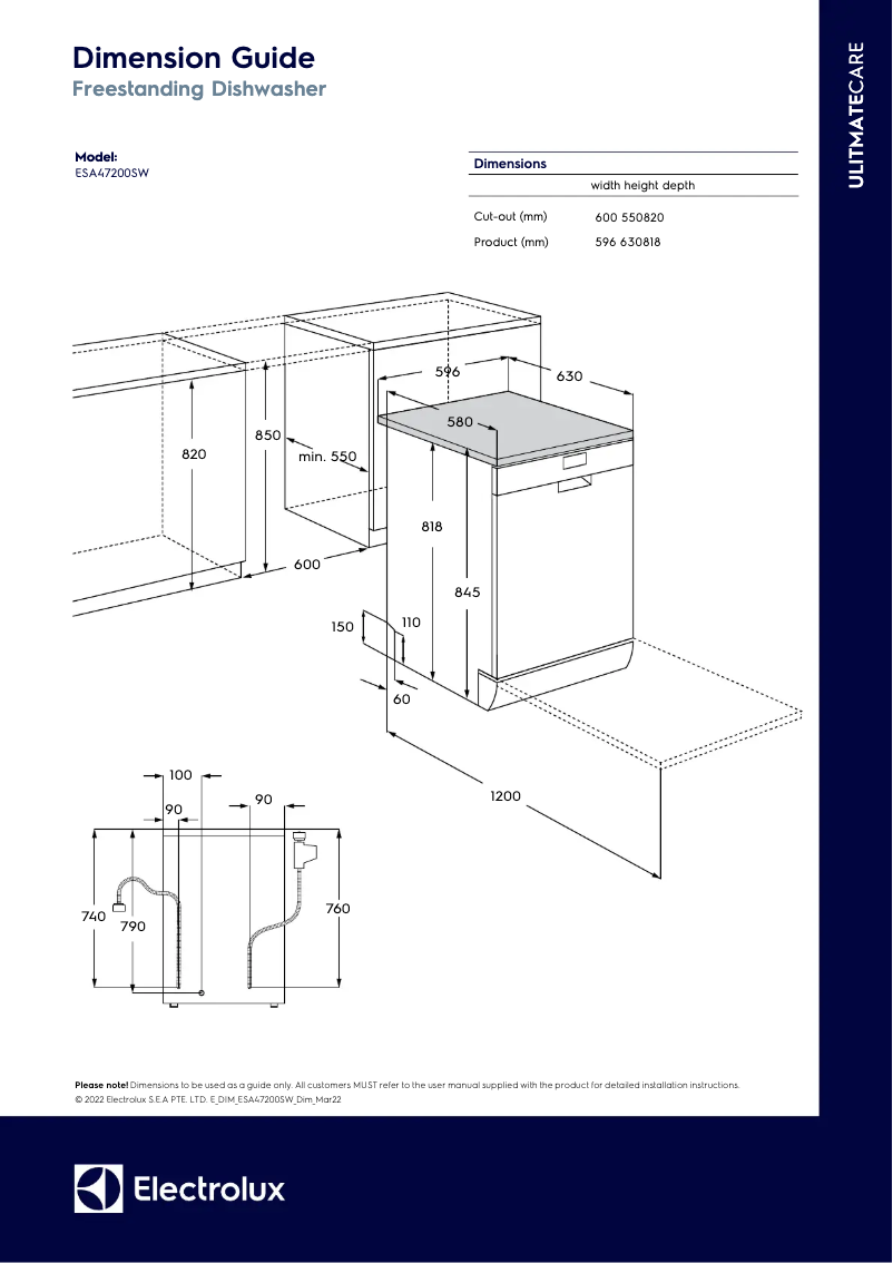 Page 1 de la notice Dessin technique Electrolux ESA47200SW