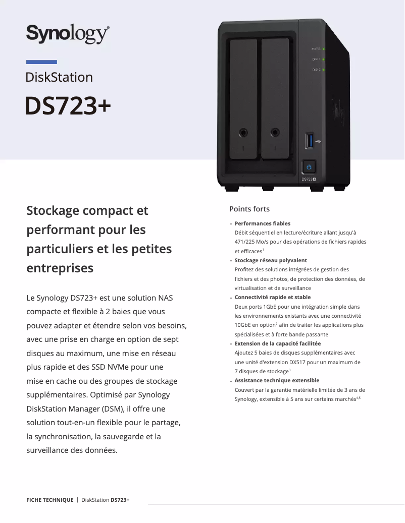 Page 1 de la notice Fiche technique Synology DiskStation DS723+