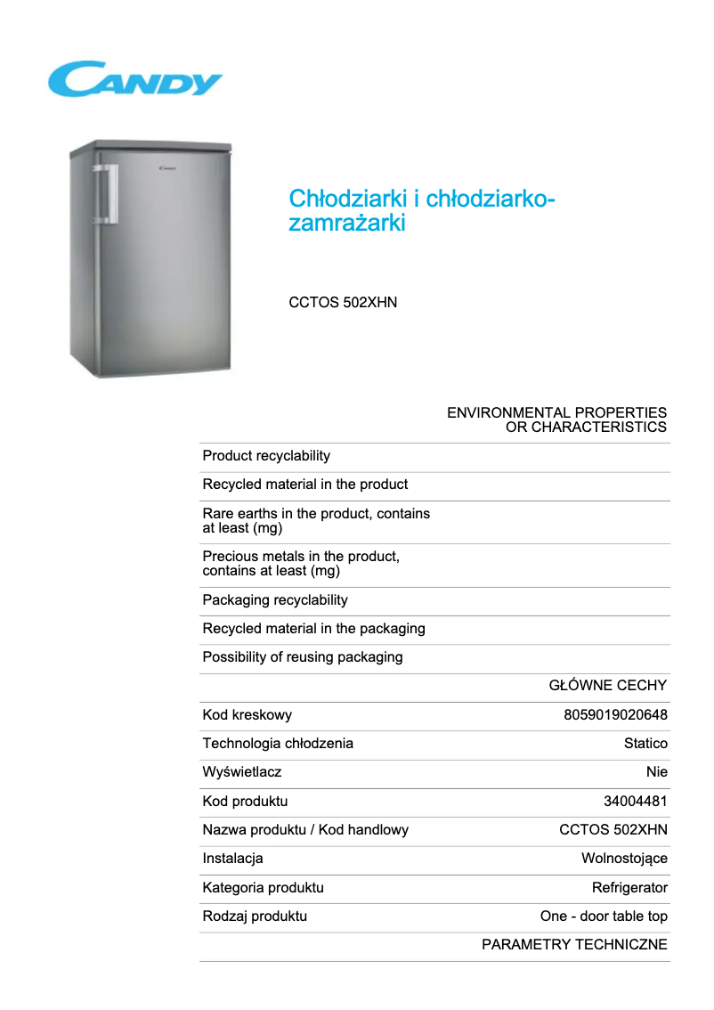 Page 1 de la notice Fiche technique Candy CCTOS 502XHN