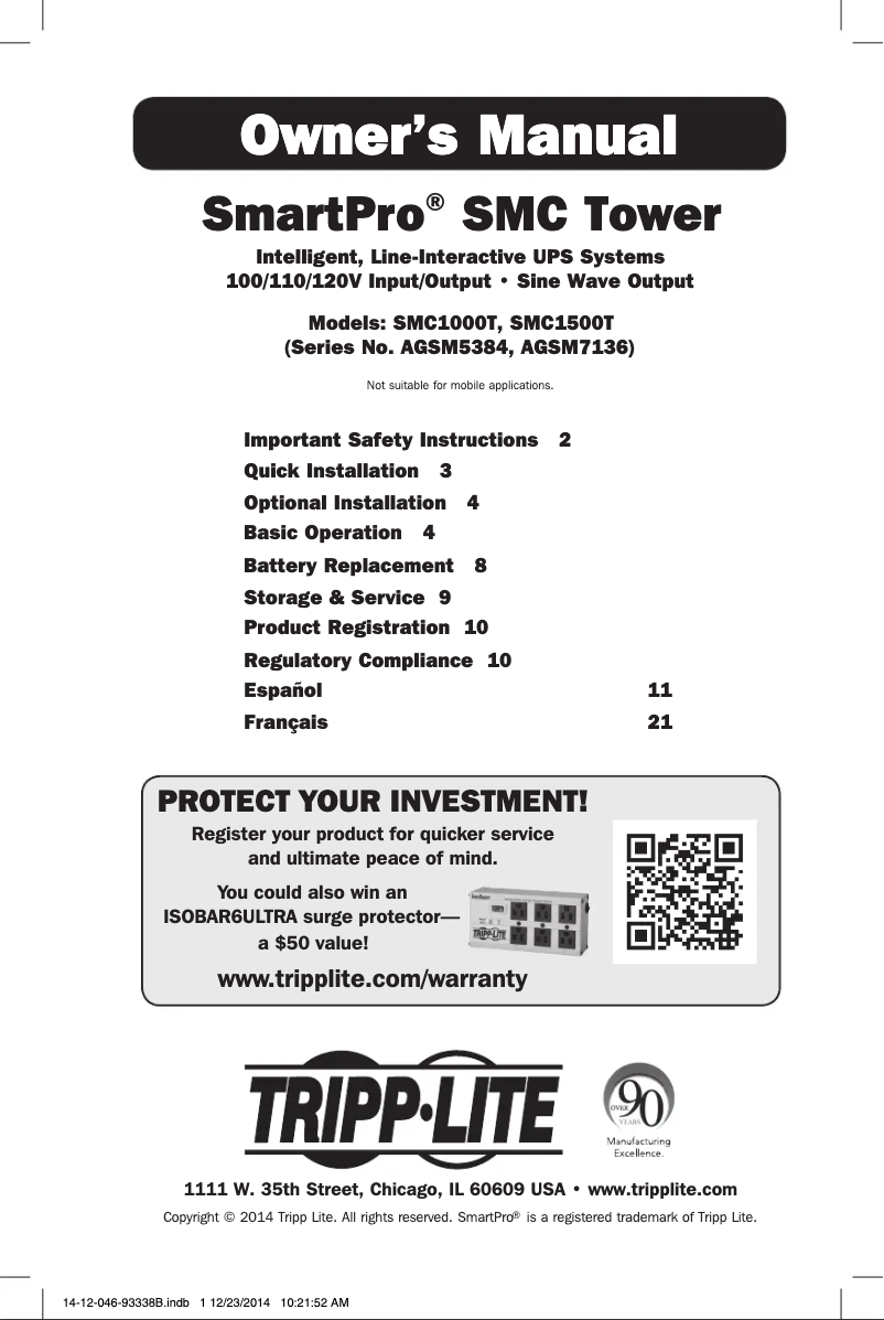 Page 1 de la notice Manuel utilisateur Tripp Lite SmartPro SMC1000T
