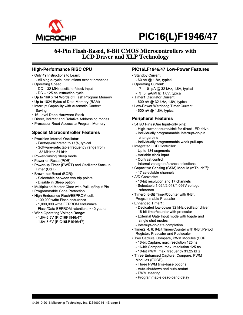 Page 1 de la notice Fiche technique Microchip PIC16F1947
