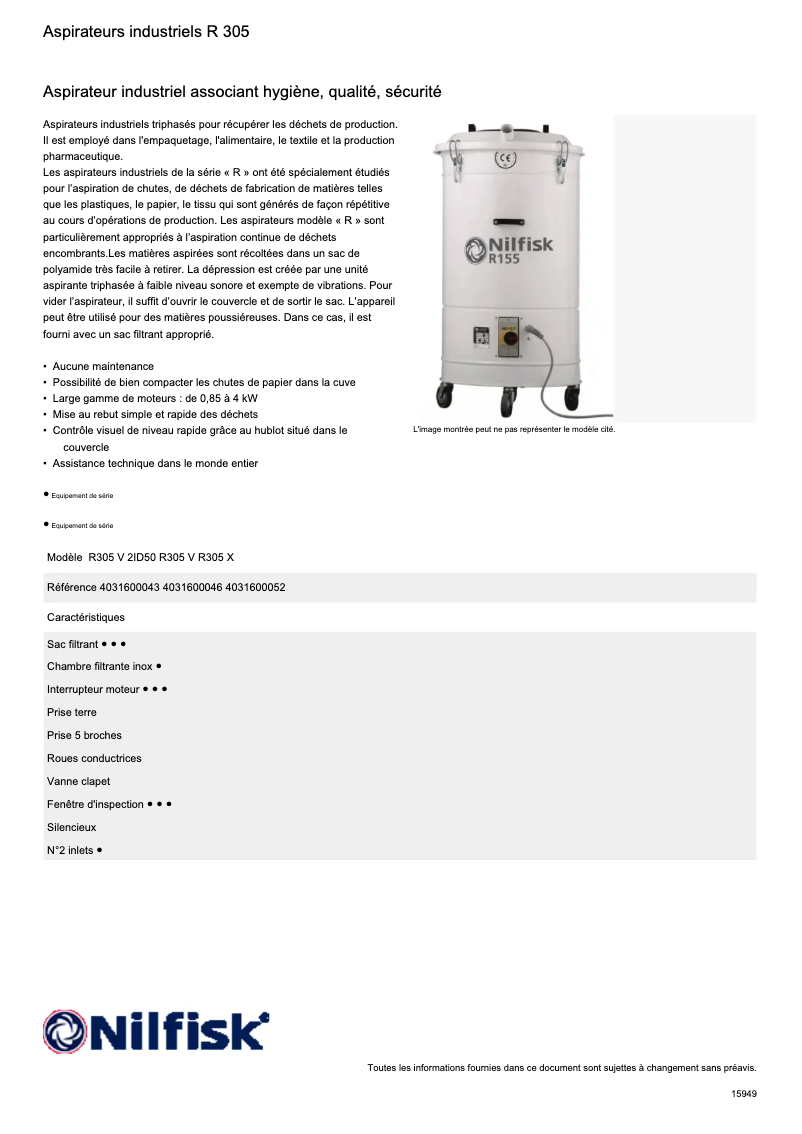 Página 1 del manual Ficha técnica Nilfisk R305