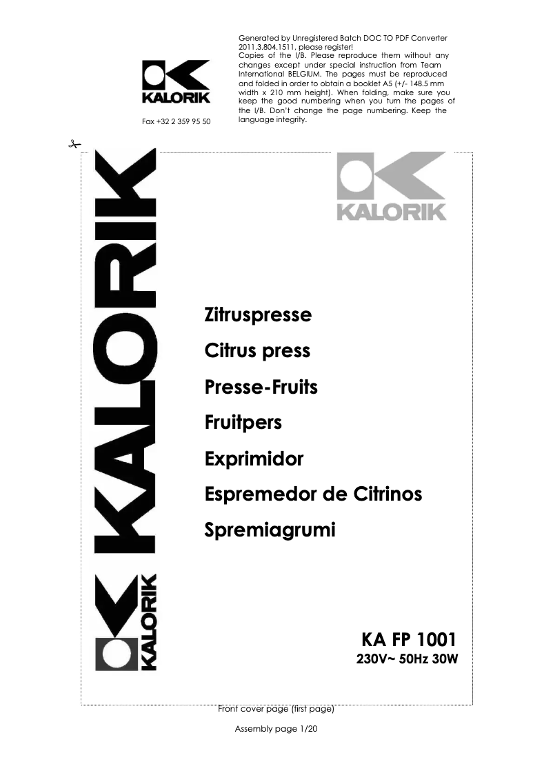 Page 1 de la notice Manuel utilisateur Kalorik KA FP 1001