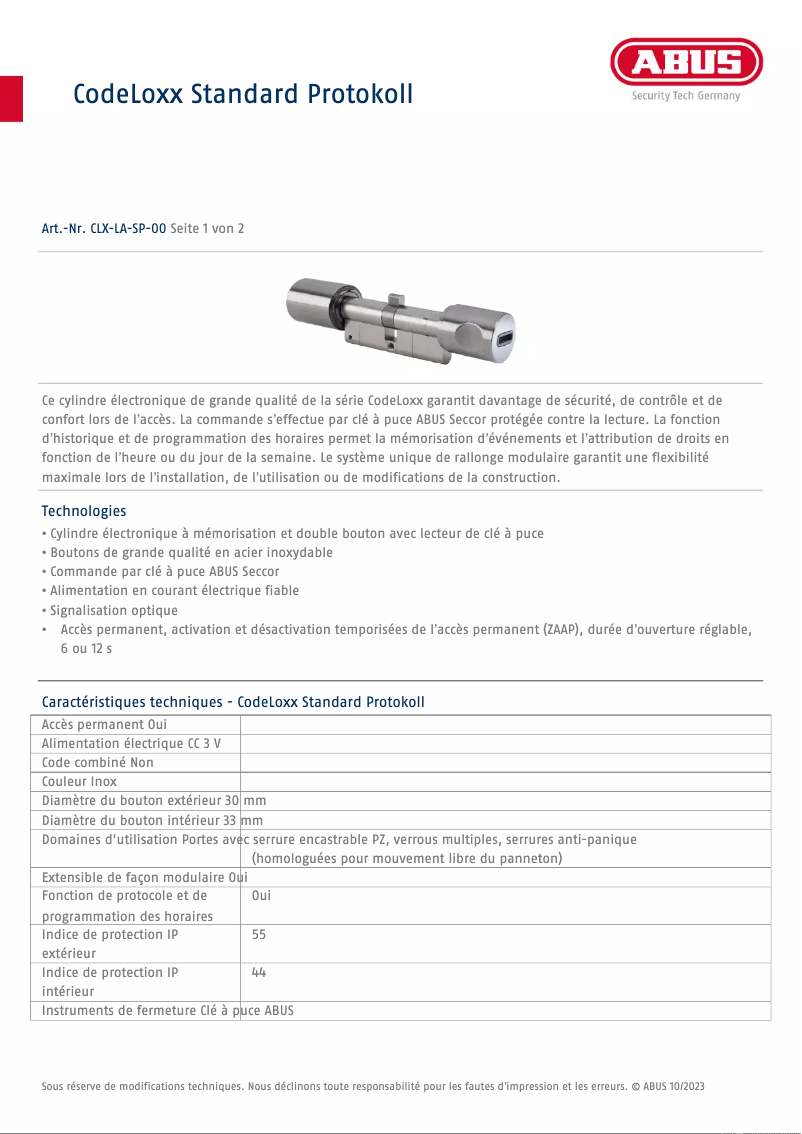 Page n°1 - Fiche technique Abus CLX-LA-SP-00