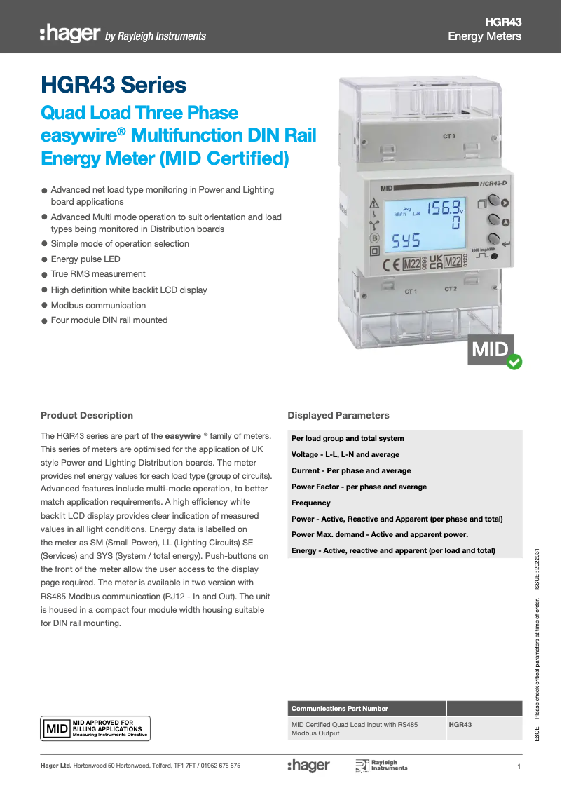 Page n°1 - Fiche technique Hager JKD168TM