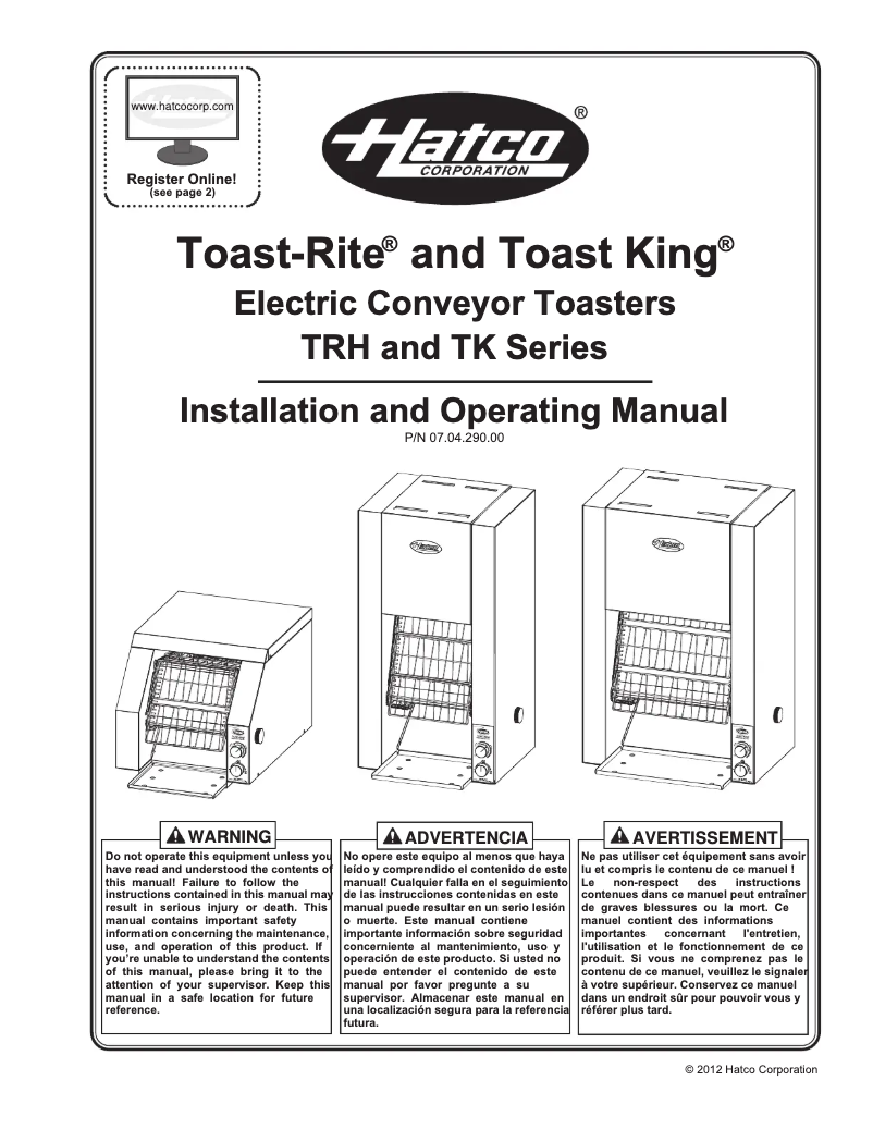 Page 1 de la notice Manuel utilisateur Hatco Toast King TK-72