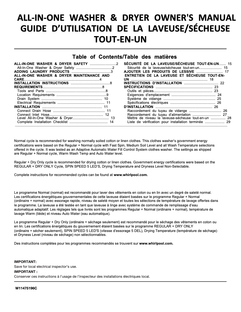 Imagen de la primera página del manual del dispositivo WFC682CLW
