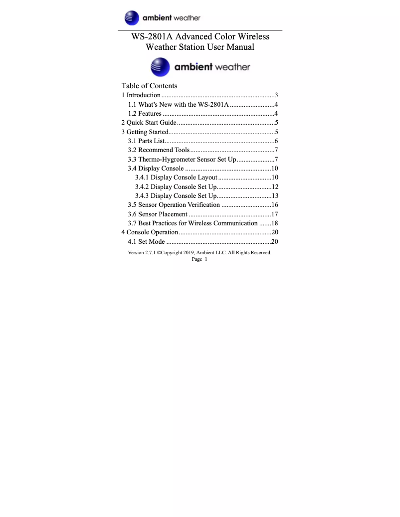 Page n°1 - Manuel utilisateur Ambient Weather WS-2801A