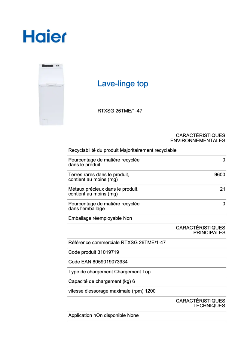 Page 1 de la notice Label énergétique Haier RTXSG 26TME/1-47
