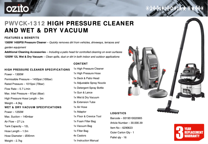 Página 1 del manual Ficha técnica Ozito PWVCK-1312