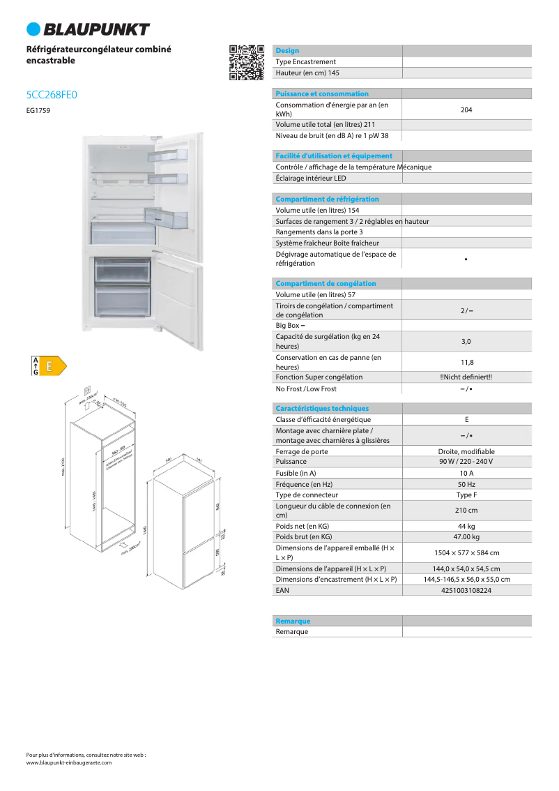 Página 1 del manual Ficha técnica Blaupunkt 5CC268FE0