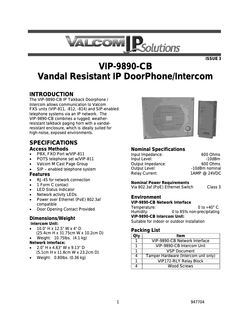 Página 1 del manual Manual de usuario Valcom VIP-9890-CB