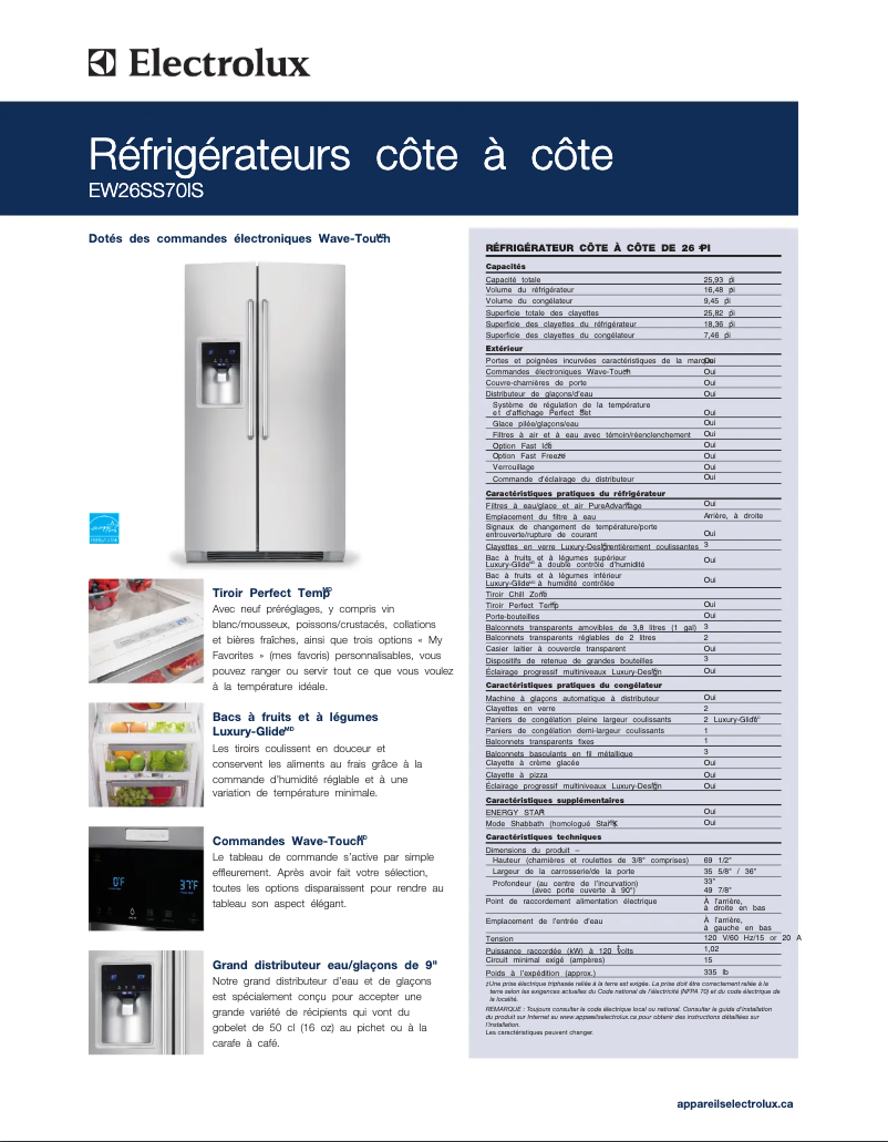 Page 1 de la notice Fiche technique Electrolux EW26SS70IS