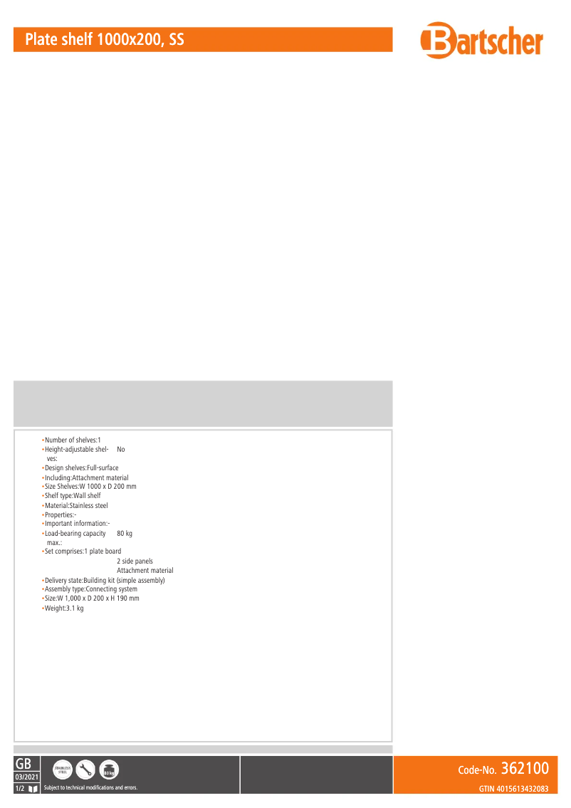 Page 1 de la notice Fiche technique Bartscher 362100